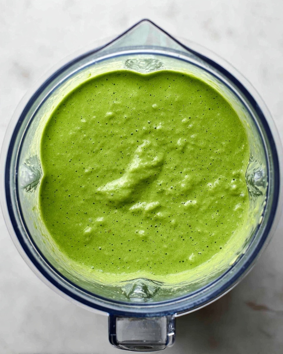 A clear blender jar filled with a smooth, thick green sauce or smoothie. The mixture has a uniform light green color with some tiny specks of darker green spread throughout. The blender is shown from above on a white marbled surface. Photo taken with an iphone --ar 4:5 --v 7