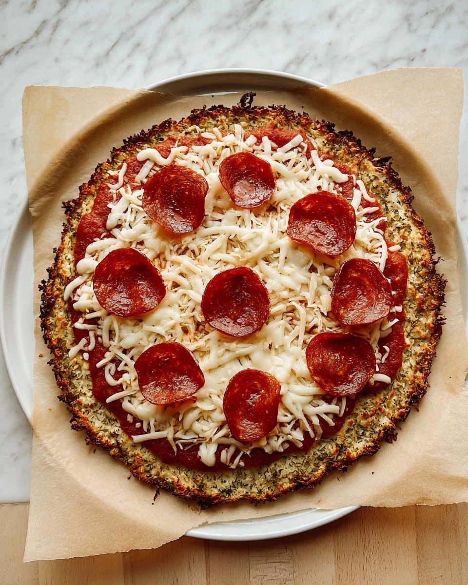 A round pizza with three main layers on a white plate lined with beige parchment paper sits on a white marbled surface. The bottom layer is a thick, textured crust with green herbs mixed in, having a rough and uneven edge. The middle layer is a spread of red tomato sauce, visible around the edges beneath the cheese. The top layer is a generous covering of shredded white mozzarella cheese with several round, thin slices of dark red pepperoni scattered evenly over the cheese. Photo taken with an iphone --ar 4:5 --v 7