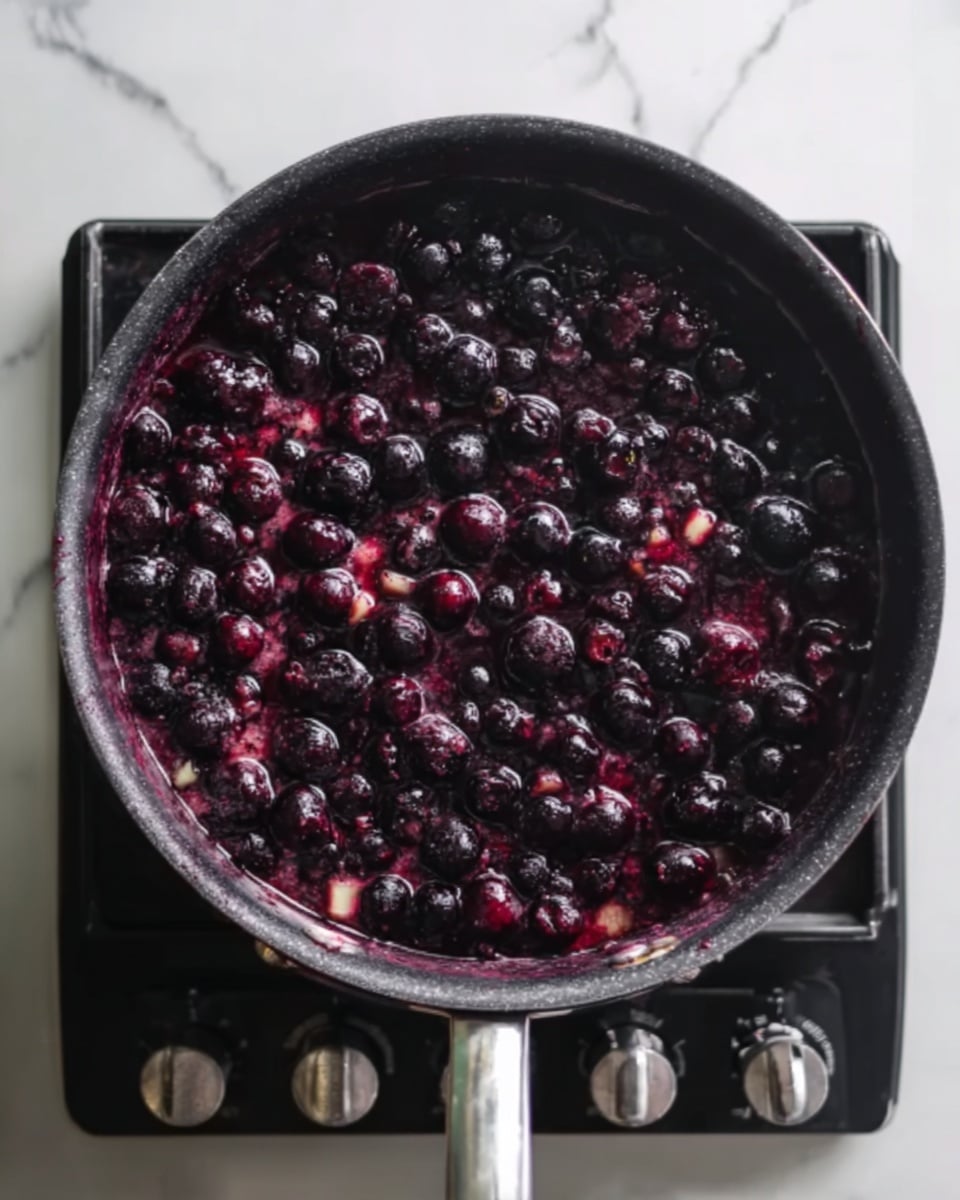 A round black pan filled with cooked dark purple and black berries in a thick, shiny sauce, with some individual whole berries clearly visible and a few light-colored pieces mixed in. The pan is placed on a black stove with silver knobs on a white marbled surface. photo taken with an iphone --ar 4:5 --v 7
