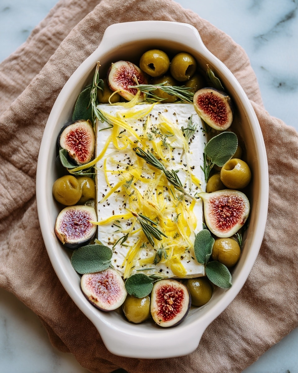 The dish is served in a white oval ceramic baking dish placed on soft light brown cloth over a white marbled surface. In the center, there is a thick block of white cheese topped with thin strips of bright yellow lemon zest and small dark green leaves, all sprinkled with coarse black pepper. Around the cheese, there are green olives scattered evenly, and thick halves of fresh figs showing a soft pink and light red interior with textured seeds and green leaves on top. The figs have dark outer skins contrasting with their pale halves inside. The overall look is fresh with natural colors and textures. photo taken with an iphone --ar 4:5 --v 7