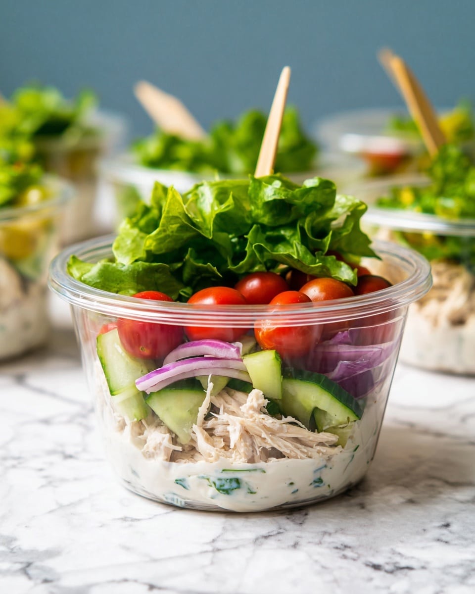 A clear plastic bowl shows four layers of food from bottom to top. The first layer is creamy white sauce with green herbs mixed in. Above that is a layer of shredded light beige chicken. The third layer contains bright green cucumber slices, round red cherry tomato halves, and purple onion rings. The top layer is a heap of fresh, leafy green lettuce with a wooden skewer poking through it. The bowl is placed on a white marbled surface with similar bowls blurred in the background. Photo taken with an iphone --ar 4:5 --v 7