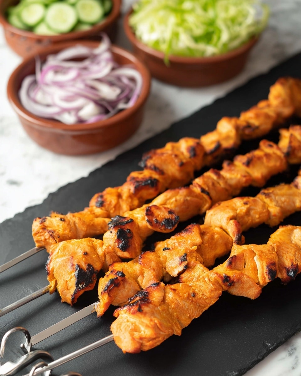 Five metal skewers with bright orange grilled chicken pieces arranged in a fan shape on a black slate surface with charred marks on some chicken pieces, in the background, three small clay bowls filled with sliced red onions, chopped green cucumbers, and shredded lettuce are slightly blurred, all placed on a white marbled surface photo taken with an iphone --ar 4:5 --v 7
