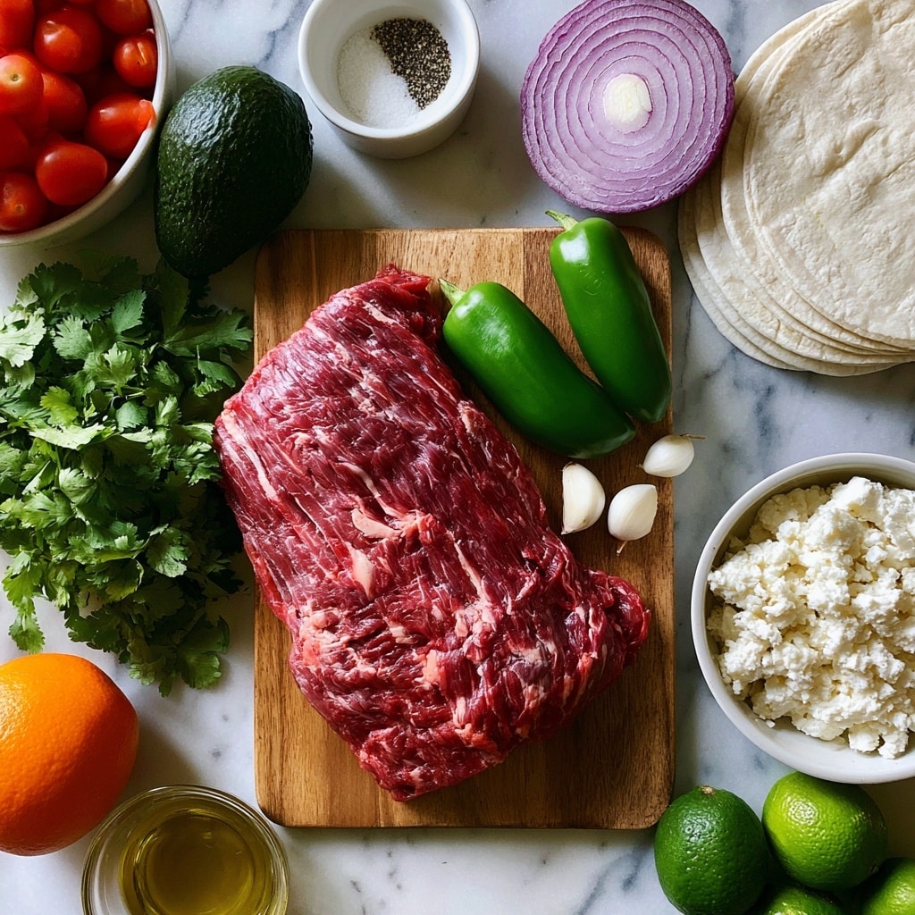 A top-down view shows fresh ingredients arranged neatly on a white marbled surface with a wooden board in the center. On the board, a large piece of raw red flank steak with white marbling sits beside two bright green jalapeno peppers and three white garlic cloves. To the left of the board, a bunch of green cilantro leaves adds color next to a dark green avocado and a bowl filled with red tomatoes. Above, a small white bowl holds salt and pepper. Near the top right, half of a red onion shows its layered rings with a stack of white tortillas beside it. At the bottom right, a white bowl contains crumbled white queso fresco cheese. On the lower left side, there is an orange and a small glass bowl of olive oil. Several green limes gather near the bottom right corner. The colors are vibrant and fresh, emphasizing natural textures and shapes. photo taken with an iphone --ar 4:5 --v 7