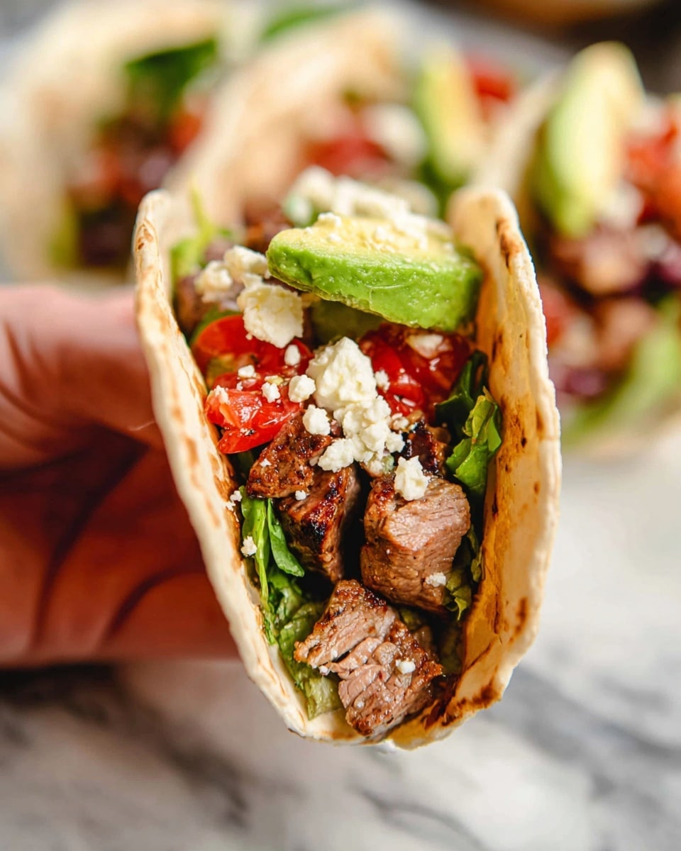 A close-up view of a soft folded tortilla taco held by a woman's hand, showing three main layers inside: the bottom layer has grilled pieces of meat with a brown and slightly charred texture, the middle layer contains fresh green lettuce leaves along with small diced red tomatoes, and the top layer has a bright green slice of avocado and some crumbled white cheese. In the blurred background, two more tacos sit with visible tortilla wraps and similar fillings. The entire scene is set on a white marbled surface. Photo taken with an iphone --ar 4:5 --v 7