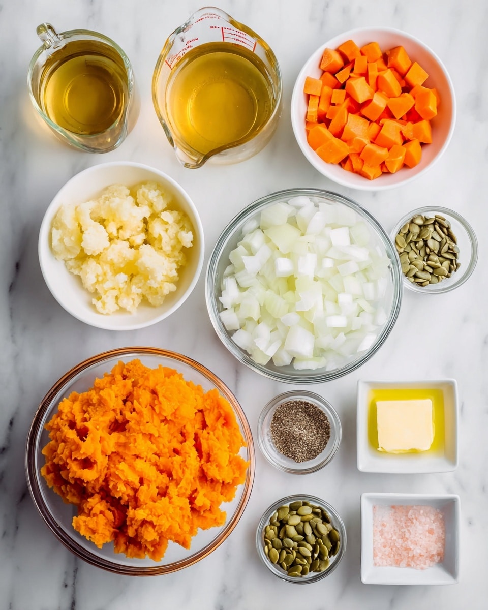 The image shows several white bowls and clear glass bowls arranged on a white marbled surface. One large clear bowl at the bottom left contains bright orange mashed sweet potatoes with a soft texture. Above it, a medium clear bowl is filled with diced white onions, showing small, cube-shaped pieces. To the left of the onions, a glass measuring cup holds a light golden liquid, possibly broth. In the top center, a white bowl contains small chopped orange carrot pieces. To the left of the carrots, another white bowl holds a pale yellow chunky substance that looks like mashed apple or butter. To the right of the carrots, a small white bowl is filled with green pumpkin seeds. Below the onion bowl, a small clear bowl contains ground black pepper, and next to it is another small clear bowl with pink salt. Toward the bottom right corner, a tiny clear bowl has a square piece of pale yellow butter, and next to it is a white square bowl filled with bright yellow oil. The overall scene is neat and colorful, with a variety of textures from mashed and chopped to seeds and liquids photo taken with an iphone --ar 4:5 --v 7