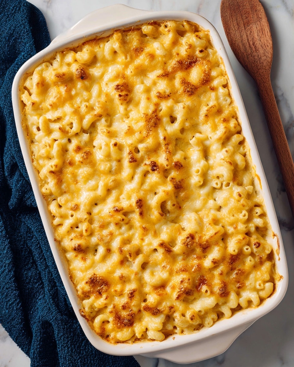 A white baking dish filled with a creamy macaroni and cheese bake, showing one thick layer of elbow macaroni covered in melted golden-yellow cheese, with some browned spots and slight bubbling around the edges. The dish is placed on a white marbled surface, next to a wooden spoon with a round handle, and a dark blue cloth is visible on the left side. Photo taken with an iphone --ar 4:5 --v 7