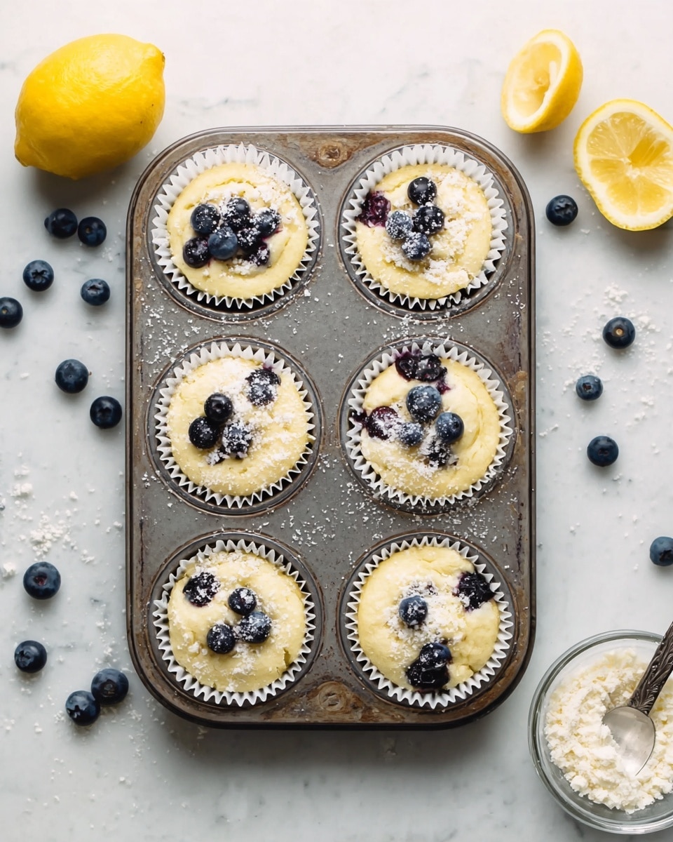 A metal muffin tray with six white paper liners filled with light yellow muffin batter, each topped with three to four fresh dark blue blueberries and sprinkled with a light white crumbly topping. The tray sits on a white marbled surface scattered with loose blueberries and powdered sugar. On the left, there is a half lemon showing its inside, and on the bottom right, there are two peeled lemon halves and a small clear bowl with a white crumbly mixture and a spoon. Photo taken with an iphone --ar 4:5 --v 7