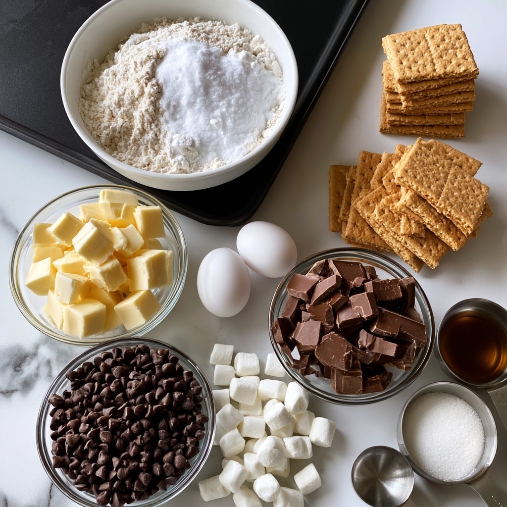 A white bowl holds a mix of flour, baking soda, salt, and sugar near the top left side, with a black tray underneath on a white marbled surface. To the tray’s right, there are stacked rectangular graham crackers in a neat pile. Below the flour bowl, a glass bowl filled with cubed butter sits beside two white eggs. Next to the butter, at the bottom left, a glass bowl is full of dark chocolate chips, while to its right, another glass bowl contains broken pieces of milk chocolate. Near the center bottom, white marshmallows lie beside the chocolate. On the bottom right, two metal measuring cups hold white sugar and vanilla liquid, completing the ingredients display photo taken with an iphone --ar 4:5 --v 7