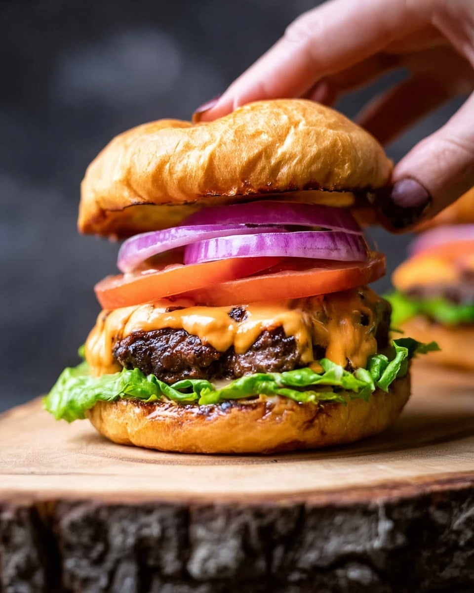 The image shows a cheeseburger on a toasted bun placed on a wooden surface. The bottom layer is a fresh green lettuce leaf sitting on the toasted bun. Above the lettuce is a thick beef patty covered in melted orange cheddar cheese. On top of the cheese are two round slices of red tomato, followed by two rings of purple-red onion. The top part of the bun is slightly tilted in the background. The overall backdrop is a white marbled texture. photo taken with an iphone --ar 4:5 --v 7