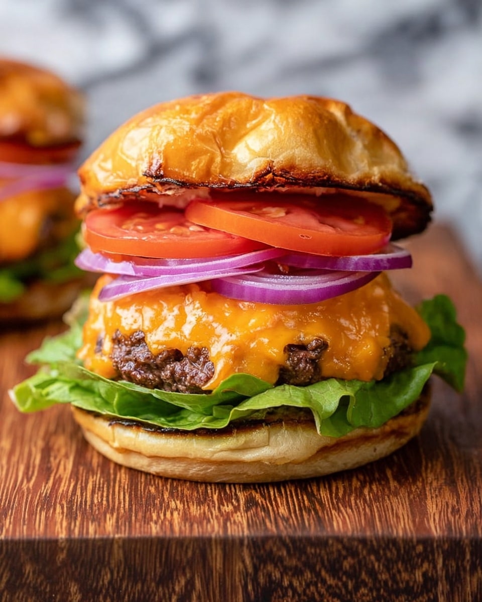 A close-up of a small burger showing five main layers. The bottom layer is a slightly toasted, soft, light brown bun resting on a rough tree bark surface. Above the bun is fresh green leaf lettuce with a crisp texture. Next is a thick, juicy, dark brown beef patty topped with melted orange cheese that slightly drips down the sides. On top of the cheese are two slices of ripe, red tomato, and above them are two rings of purple-red onion, sharp and fresh. A woman's hand is lifting the top bun, which is golden brown and soft. The background has a dark, blurred look, making the burger layers clear and focused. photo taken with an iphone --ar 4:5 --v 7