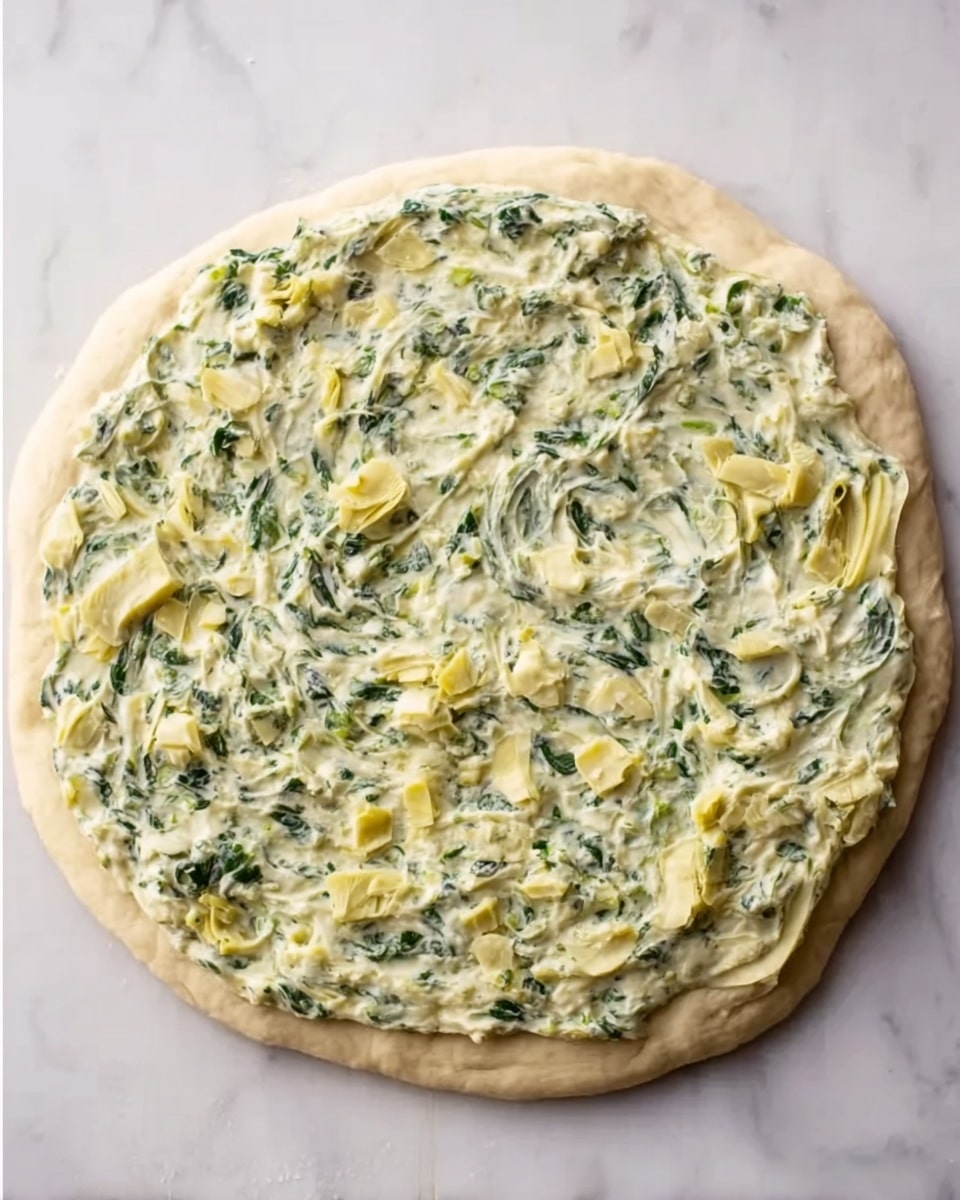 A round, uncooked pizza dough spread on a white marbled surface forms the base. On top, there is a thick, creamy layer made with a mix of chopped green spinach and small pieces of pale yellow artichokes, evenly spread to the edges but leaving a small crust visible. The texture of the creamy layer looks soft and slightly chunky from the greens and artichokes. Photo taken with an iphone --ar 4:5 --v 7
