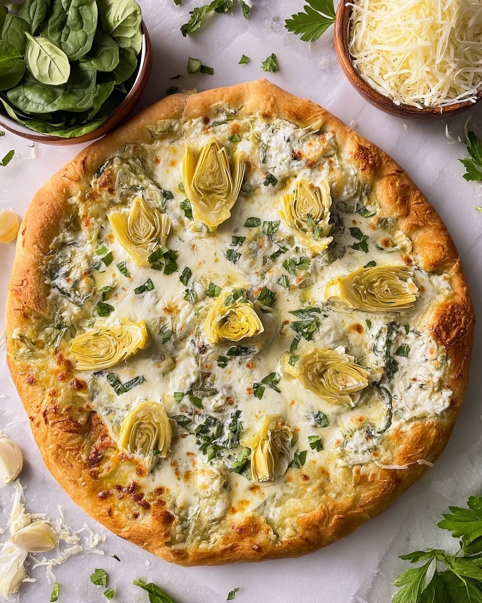 A round pizza with a thick golden crust edges the dish, topped with a creamy white sauce mixed with green herbs spread evenly across the surface. On top, melted white cheese covers the base, lightly browned in spots, with several quartered yellow artichoke hearts arranged evenly across the pizza. Small pieces of green herbs are sprinkled over the cheese and artichokes. The pizza sits on white marbled paper, surrounded by small bowls holding fresh green spinach leaves and shredded white cheese, along with scattered flat green parsley leaves nearby. Photo taken with an iphone --ar 4:5 --v 7