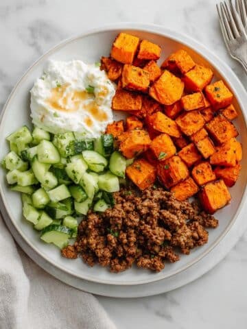 Ground Beef Sweet Potato Bowl with Avocado, Cottage Cheese, and Hot Honey Recipe