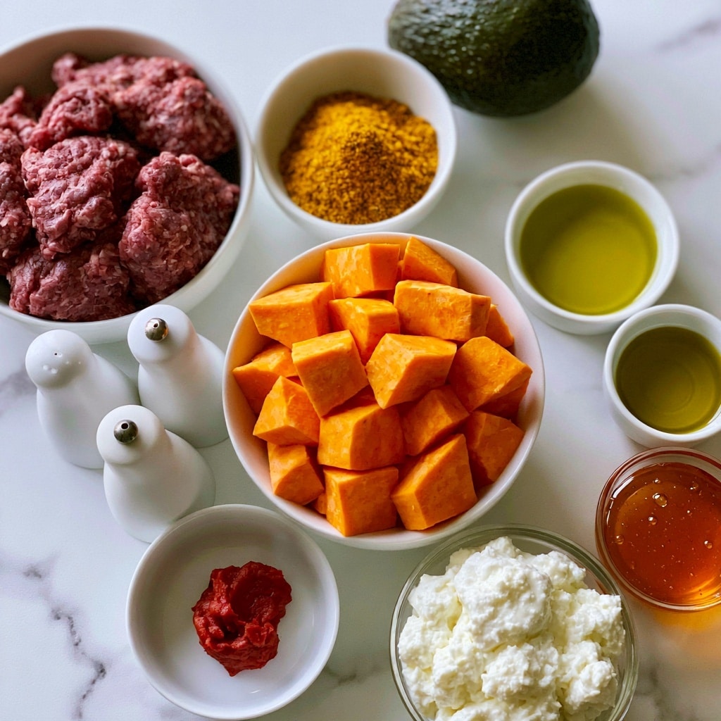 The image shows an arrangement of cooking ingredients on a white marbled surface, all in white bowls and containers. In the center, there is a white bowl filled with bright orange chunks of sweet potatoes. Above it, a smaller white bowl holds a mound of yellowish-orange taco seasoning powder. To the left, a bowl of raw ground beef is placed close to white salt and pepper shakers. Below the sweet potatoes, there is a small bowl with a red dollop of tomato paste, and near it, a glass bowl filled with white cottage cheese. Two small white bowls contain greenish-yellow avocado oil and olive oil, while another holds amber hot honey. A whole dark green avocado is placed to the upper right of the bowls. Everything is neatly positioned and clearly labeled. Photo taken with an iphone --ar 4:5 --v 7