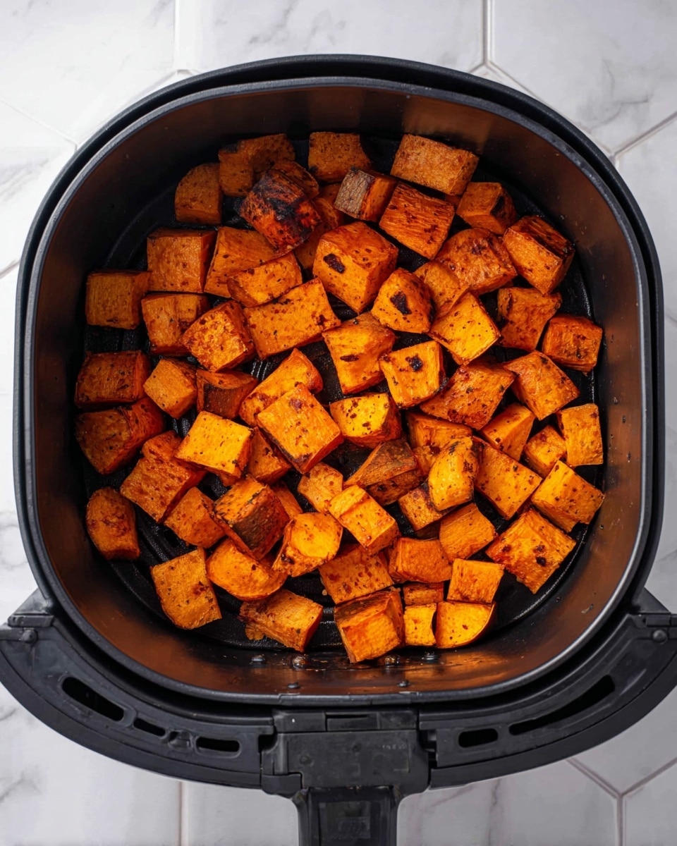The image shows a black air fryer basket filled with about two layers of roasted orange sweet potato cubes. The sweet potatoes have a slightly charred texture with golden brown edges and a soft, cooked inside that varies from deep orange to light orange in color. The air fryer sits on top of a white marbled surface with a hexagonal tile pattern visible behind it. The lighting is bright and clean, highlighting the texture and warm color of the sweet potatoes. Photo taken with an iphone --ar 4:5 --v 7