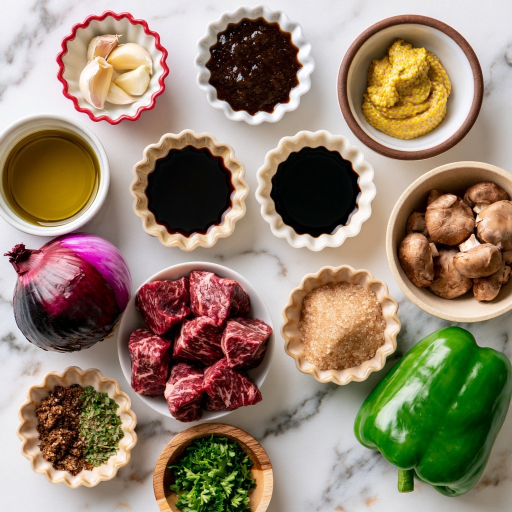 A white marbled surface holds an array of cooking ingredients arranged neatly. At the top center is a small white scalloped dish filled with a dark brown worcestershire sauce. To its right, a white bowl with a brown rim holds smooth yellow mustard. Below the worcestershire dish is another white scalloped dish with dark soy sauce, and next to it, on the right, a similar dish with very dark balsamic vinegar. Moving down, a whole red onion with purple skin sits on the left side. Below the onion is a white bowl with raw red steak chunks that have white marbling. To the right of the steak, a white scalloped bowl holds light brown brown sugar. Further right is a small beige bowl with light brown mushrooms. Below the mushrooms, bright green bell pepper rests on the marble. Below the bell pepper is a small wooden bowl filled with chopped green parsley garnish. To the left next to the parsley is another white scalloped bowl with mixed brown and green spices. Next to the spices, on the left, is a white bowl of golden olive oil. Above the olive oil, a small white bowl with a red scalloped edge holds several peeled white garlic cloves. The whole scene is clean, bright, and colorful with a focus on fresh ingredients and sauces. Photo taken with an iphone --ar 4:5 --v 7