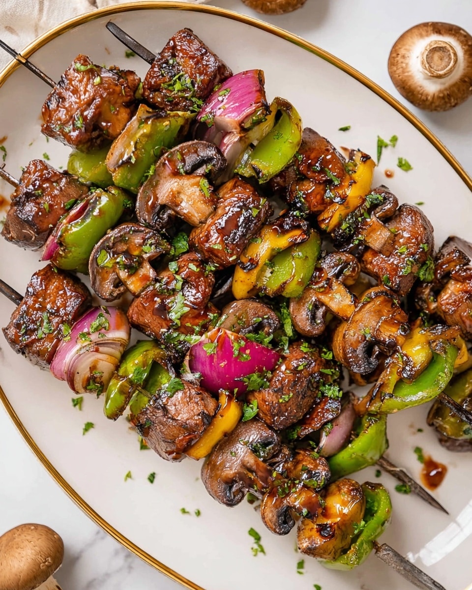 There are several metal skewers laid out on a white oval plate with a gold rim. Each skewer has a pattern of grilled chunks of brown meat, dark brown mushrooms, bright green bell pepper pieces, and pink and white onion slices. The pieces have grill marks and a shiny glaze, garnished with small green herb bits. The plate is placed on a white marbled surface with a few whole brown mushrooms nearby. Photo taken with an iphone --ar 4:5 --v 7