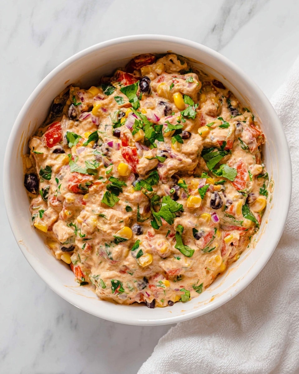 A white bowl filled with a thick, creamy mixture that has a light pinkish-beige base with small chunks of red tomatoes, black beans, yellow corn kernels, chopped green herbs, and finely diced red onion mixed throughout. The ingredients are spread evenly with a fresh, leafy texture from the herbs scattered on top. The bowl sits on a white marbled surface with part of a white cloth visible in the bottom right corner. photo taken with an iphone --ar 4:5 --v 7