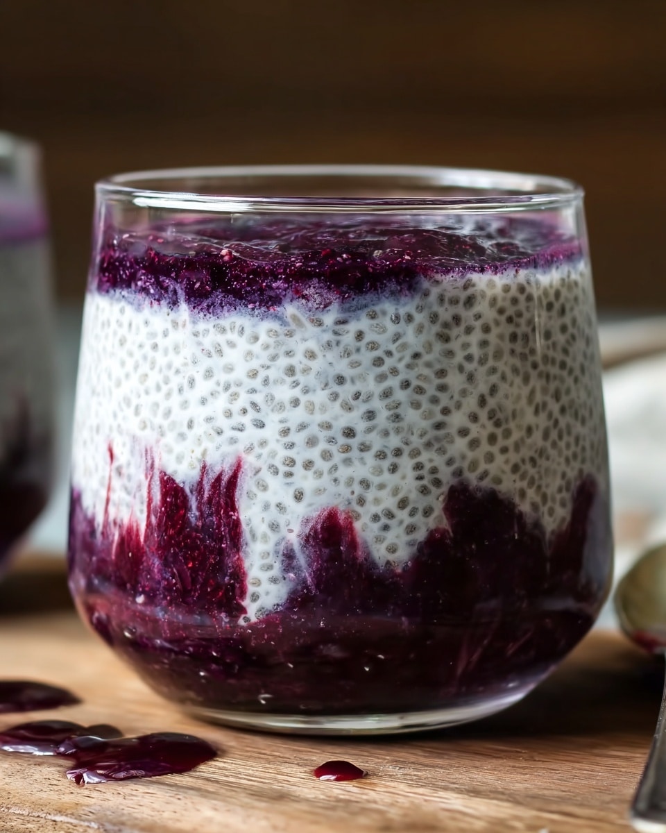 A clear glass cup shows three main layers: the bottom layer is a dark purple berry mixture with some texture, the middle layer is a white chia pudding with small black chia seeds evenly spread, and the top layer has a swirl of the same dark purple berry mix over the white chia pudding. The cup is sitting on a wooden surface with a few drops of dark purple liquid around it. The background is softly blurred. photo taken with an iphone --ar 4:5 --v 7