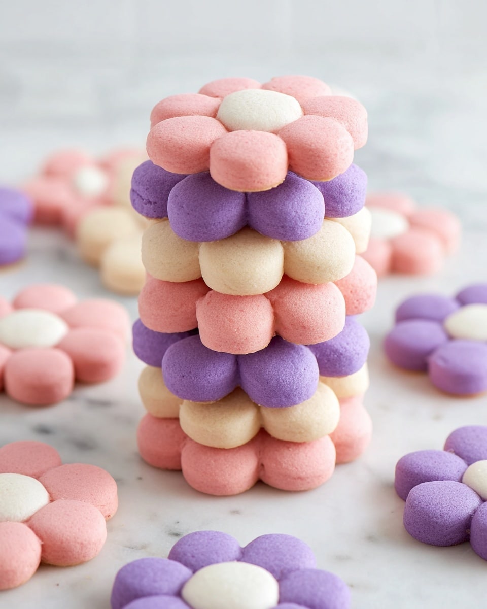 The image shows flower-shaped cookies stacked in a tall pile on a white marbled surface, each cookie made from seven round petals with a smooth texture. The top layer has pink petals with a white center, the second layer has purple petals, the third layer is again pink petals, and the fourth layer at the bottom is purple petals. Around the stack, there are more flower cookies lying flat with pink petals and white centers, and purple petals with white centers, all arranged softly out of focus in the background. The overall look is soft and pastel, with a clean and fresh presentation. photo taken with an iphone --ar 4:5 --v 7