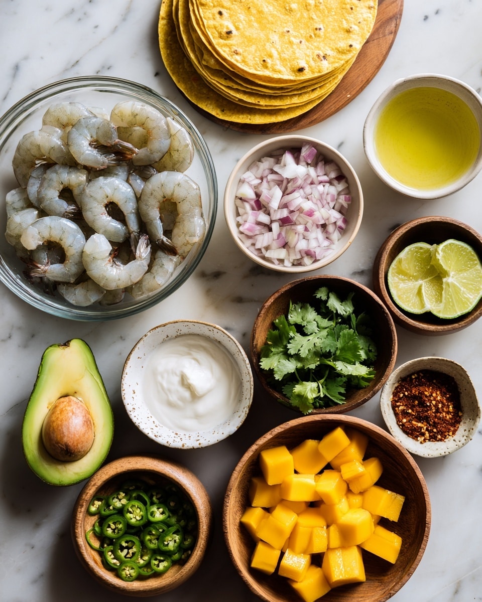 A spread of fresh ingredient bowls and items on a white marbled surface shows a clear glass bowl full of raw shrimp with light gray shells and tails, placed near a stack of yellow corn tortillas. Nearby, a wooden bowl holds small diced shallots with pale purple shades, and another wooden bowl contains smooth white sour cream. Next to these, half an avocado with its brown large seed and smooth green flesh sits beside two mango halves diced into bright orange cubes. A small speckled white bowl holds bright green cilantro leaves with delicate stems. A small brown bowl contains finely chopped green jalapeno pieces, and two lime halves sit beside a small bowl filled with a light yellow liquid. A white bowl contains different red and brown spices arranged in layers. The entire setup is bright and organized, with clean, fresh textures and vibrant colors. Photo taken with an iphone --ar 4:5 --v 7
