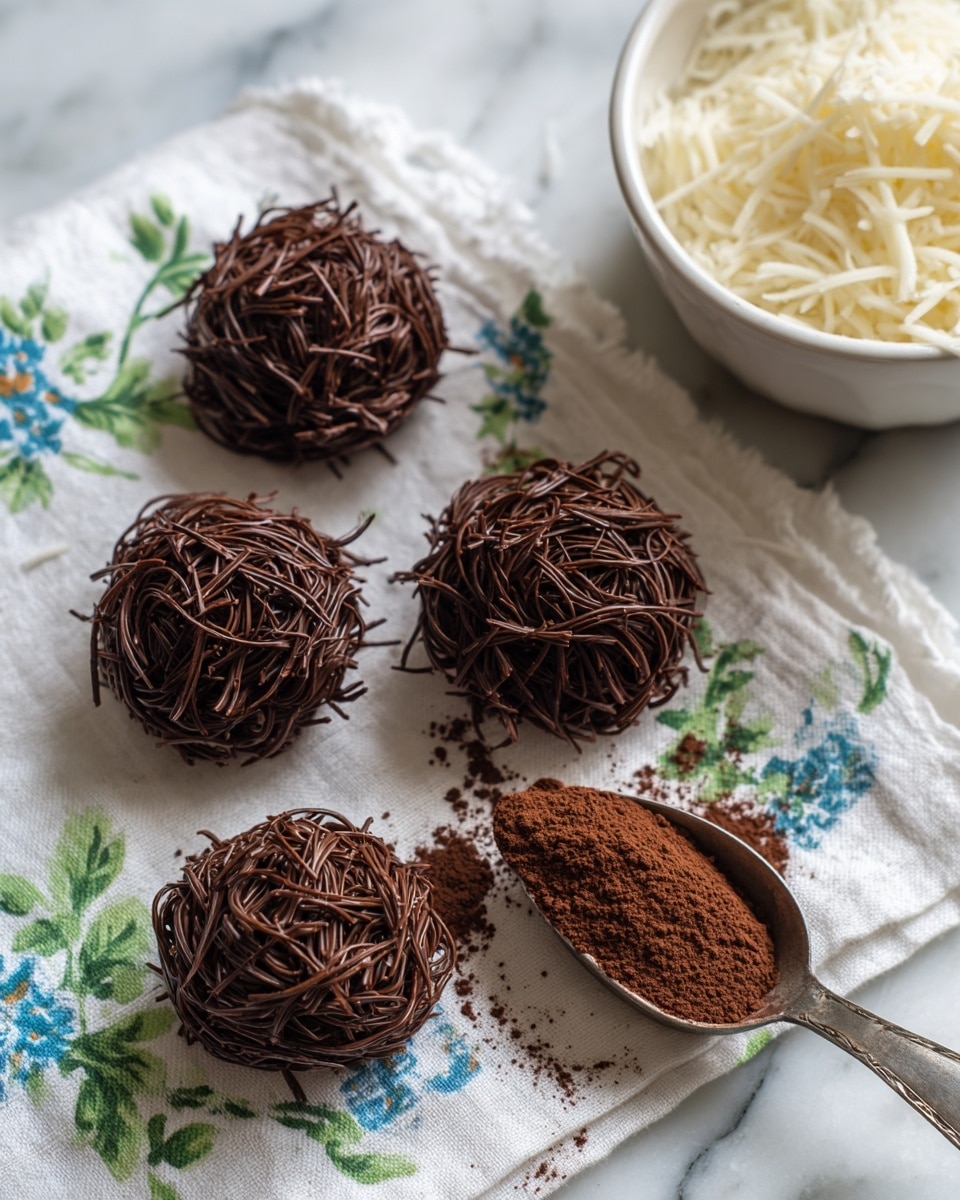 The image shows four small, round chocolate clusters made of thin, dark brown strands stacked loosely to form a rough, textured shape. They sit on a white marbled surface with some scattered cocoa powder around them. A metal scoop filled with dark brown cocoa powder rests on a piece of clear plastic, which is placed on a white cloth with green and blue floral patterns. In the upper right corner, there is a white bowl holding shredded white cheese or coconut. photo taken with an iphone --ar 4:5 --v 7