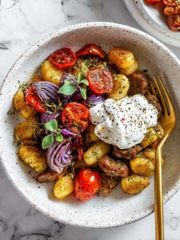 Sheet Pan Pesto Gnocchi with Chicken Sausage, Cherry Tomatoes, and Burrata Recipe