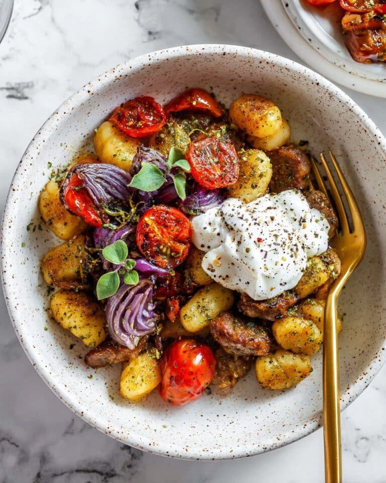 Sheet Pan Pesto Gnocchi with Chicken Sausage, Cherry Tomatoes, and Burrata Recipe