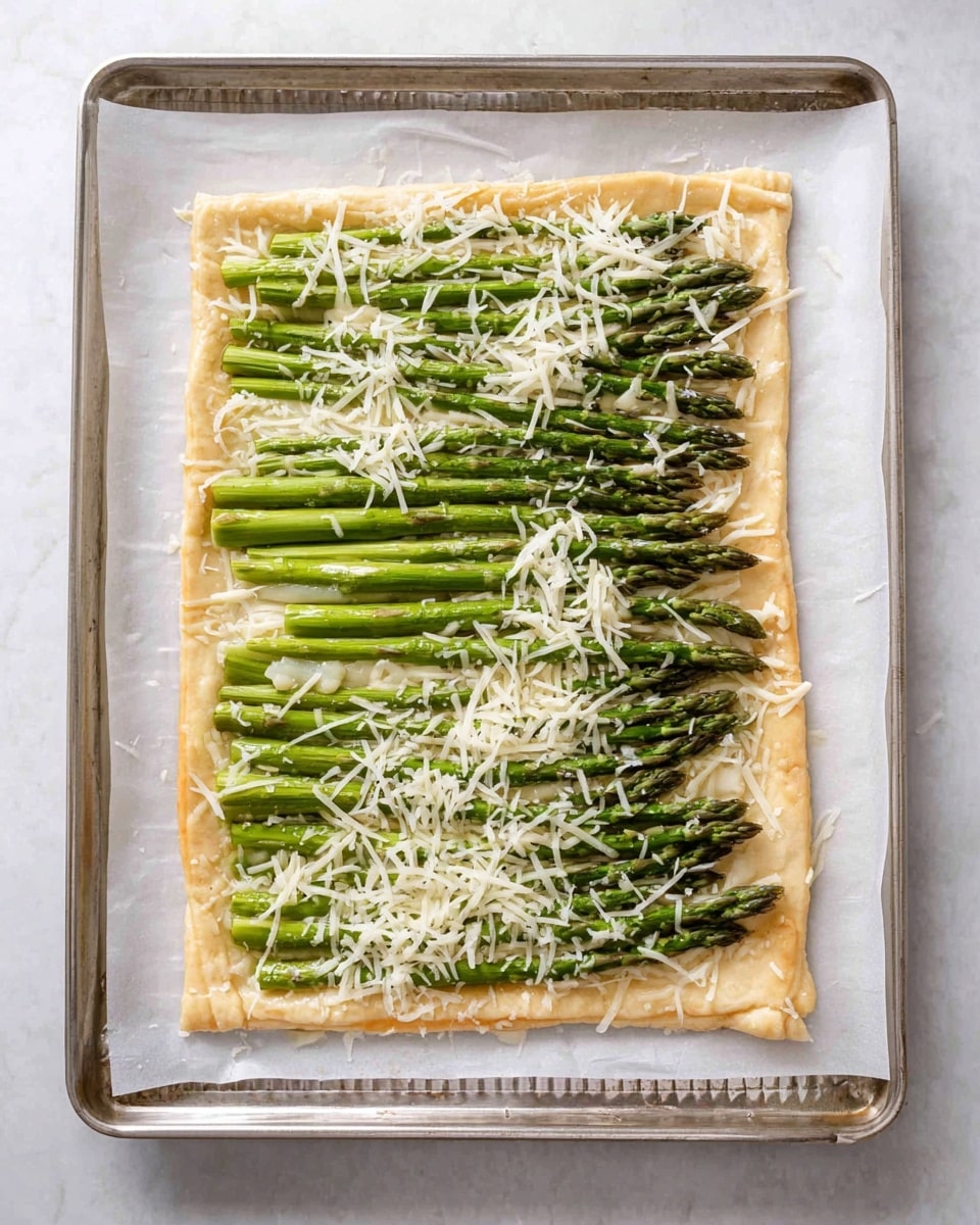 A rectangular puff pastry sheet lays flat on a white parchment paper, placed inside a silver baking tray with raised edges. On top of the pastry, there is a layer of fresh green asparagus spears, neatly lined side by side, with their tips all facing the same direction toward the right side. Scattered evenly over the asparagus is shredded white cheese, adding a light texture contrast. The edges of the pastry are slightly puffed and golden, surrounding the fresh, green asparagus and white cheese. The scene is set on a white marbled surface. photo taken with an iphone --ar 4:5 --v 7
