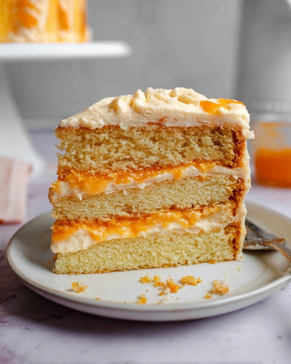 A round cake with two visible layers sits on a white plate on a white marbled surface. The cake is lightly frosted with pale orange cream all around, showing some texture and a slightly uneven finish. The top has swirls of cream with darker orange swipes, creating a decorative pattern with peaks and valleys. Around the cake, there are whole and halved fresh oranges, and in the background, a small glass jar filled with smooth orange cream adds to the orange theme. Photo taken with an iphone --ar 4:5 --v 7