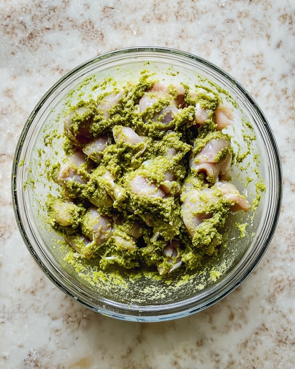 A clear glass bowl sits on a white marbled surface filled with small raw chicken pieces coated in a thick, uneven green paste. The paste has a slightly grainy texture and clings closely to the pale pink and white chicken chunks, covering them well. The green mixture is spread somewhat messily inside the bowl, with traces stuck to the sides. The bowl is viewed from above, showing the mixture's rough texture and the irregular shapes of the chicken pieces photo taken with an iphone --ar 4:5 --v 7