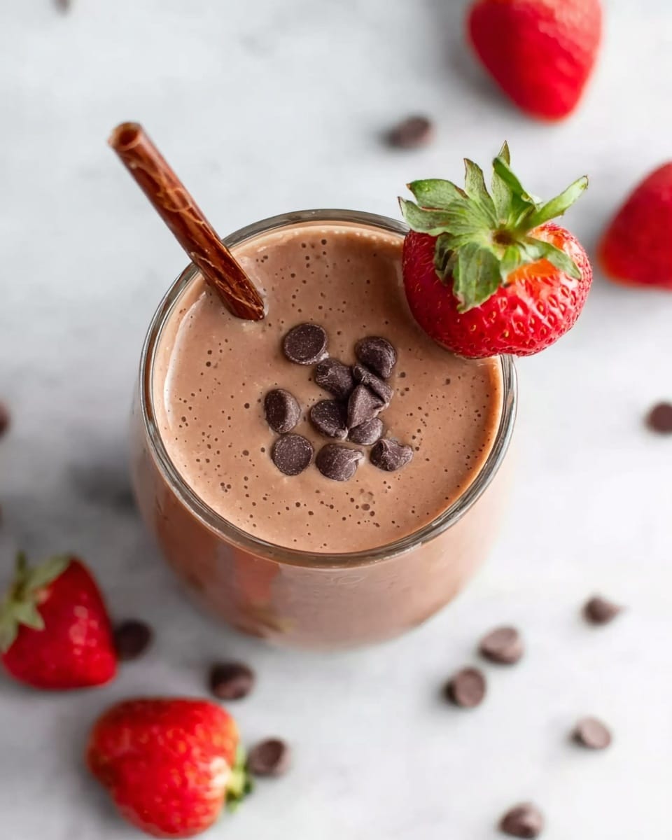 A glass filled with a smooth, light brown chocolate drink topped with a few dark chocolate chips floating on the surface, with a fresh red strawberry placed on the rim of the glass. A brown straw is dipped into the drink, slightly angled. Around the glass, scattered on a white marbled surface, are some additional whole chocolate chips and whole strawberries, adding a fresh, colorful touch. Photo taken with an iphone --ar 4:5 --v 7