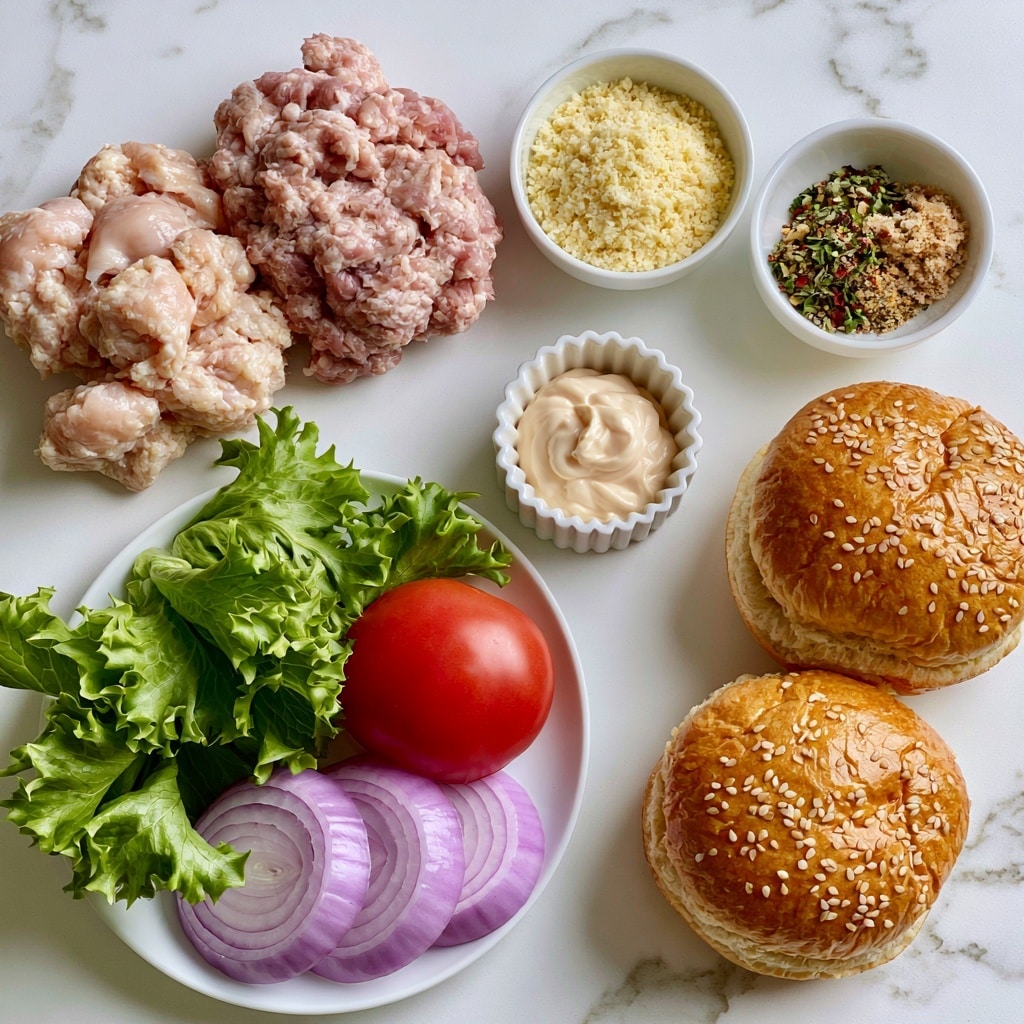 The image shows raw ingredients for making chicken burgers arranged on a white marbled surface. On the top left, there are two piles of ground meat: one light pink as ground chicken and one darker pink as ground dark chicken meat. To the right of the meat, there is a small white bowl filled with pale yellow breadcrumbs and another white bowl holding mixed spices with colors like green, red, and light brown. Below the breadcrumbs is a small white fluted bowl with light mayonnaise. On the bottom left, a white plate holds fresh green leafy lettuce, a bright red tomato, and several slices of purple onion arranged neatly. On the right side, there are two golden brown sesame seed burger buns with a shiny crust, sitting directly on the marbled surface. The whole setup is clean and well organized. Photo taken with an iphone --ar 4:5 --v 7