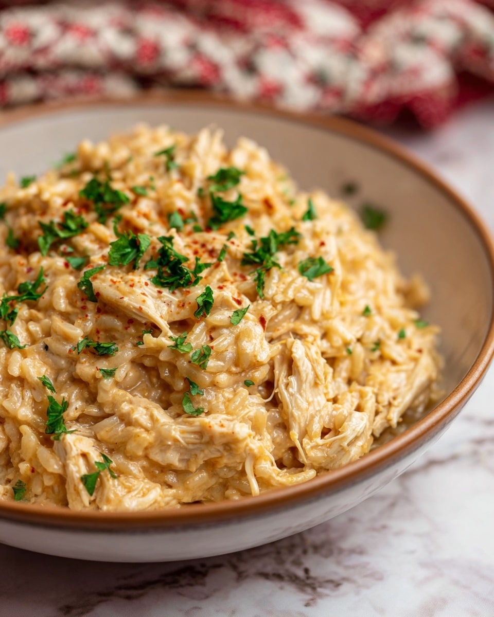 A close-up view shows creamy shredded chicken and rice mixed together, forming a single beige layer with a soft and rich texture. Small green parsley pieces are scattered on top, adding color contrast. The dish is served in a white bowl with a light brown rim, sitting on a white marbled surface with a blurred background that includes a fabric with red and white patterns. Photo taken with an iphone --ar 4:5 --v 7