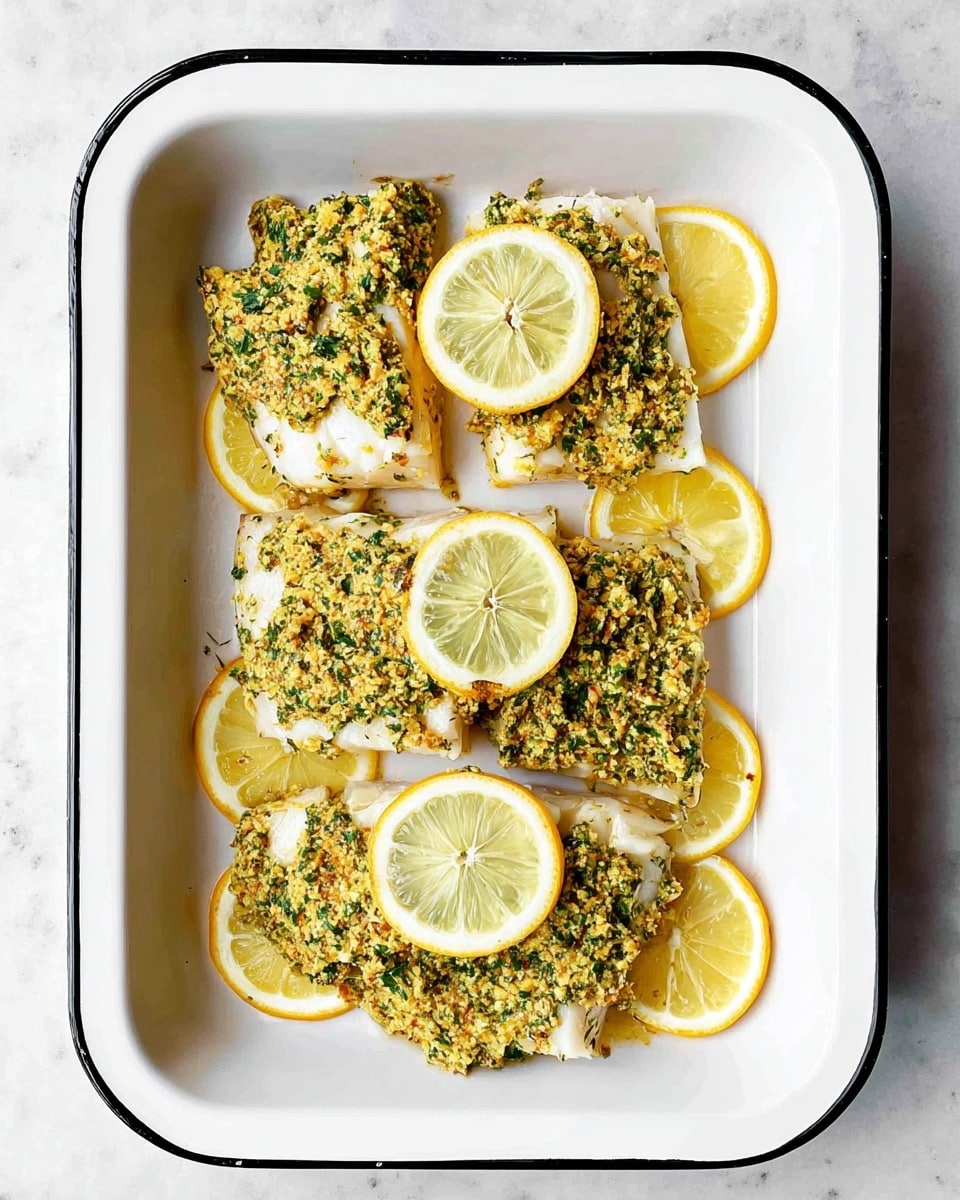 The image shows four pieces of white fish fillets arranged in a white rectangular baking dish with a black rim. Each fillet is topped with a thick, uneven layer of a yellow and green herb mixture that looks creamy and textured. Underneath and between the fish pieces, there are thin, round slices of fresh lemon, adding bright yellow accents. On top of each fillet, there is a single lemon slice placed centrally. The baking dish sits on a white marbled surface, creating a clean and fresh setting. photo taken with an iphone --ar 4:5 --v 7