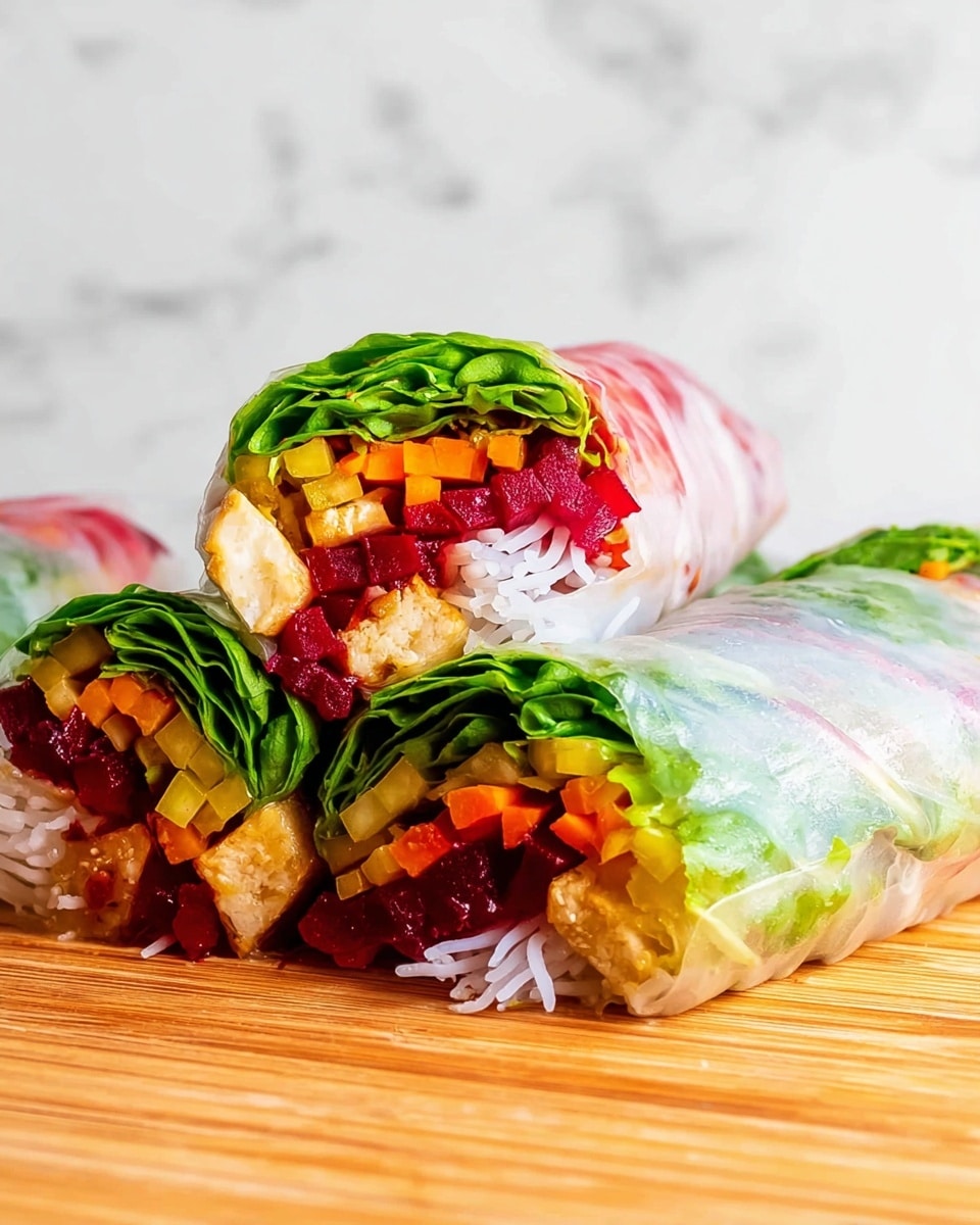 The image shows a fresh spring roll cut in half revealing five main layers inside: the outer translucent rice paper which looks thin and smooth, then a bright green leafy lettuce layer, followed by a layer of small diced orange carrots and yellow bell peppers. Inside that are small cubes of deep red beets adding a rich color contrast, along with some thin white rice noodles forming the bottom layer. There are also golden brown pieces of tofu hidden among the vegetables. The rolls rest on a wooden surface with a white marbled background. Photo taken with an iphone --ar 4:5 --v 7