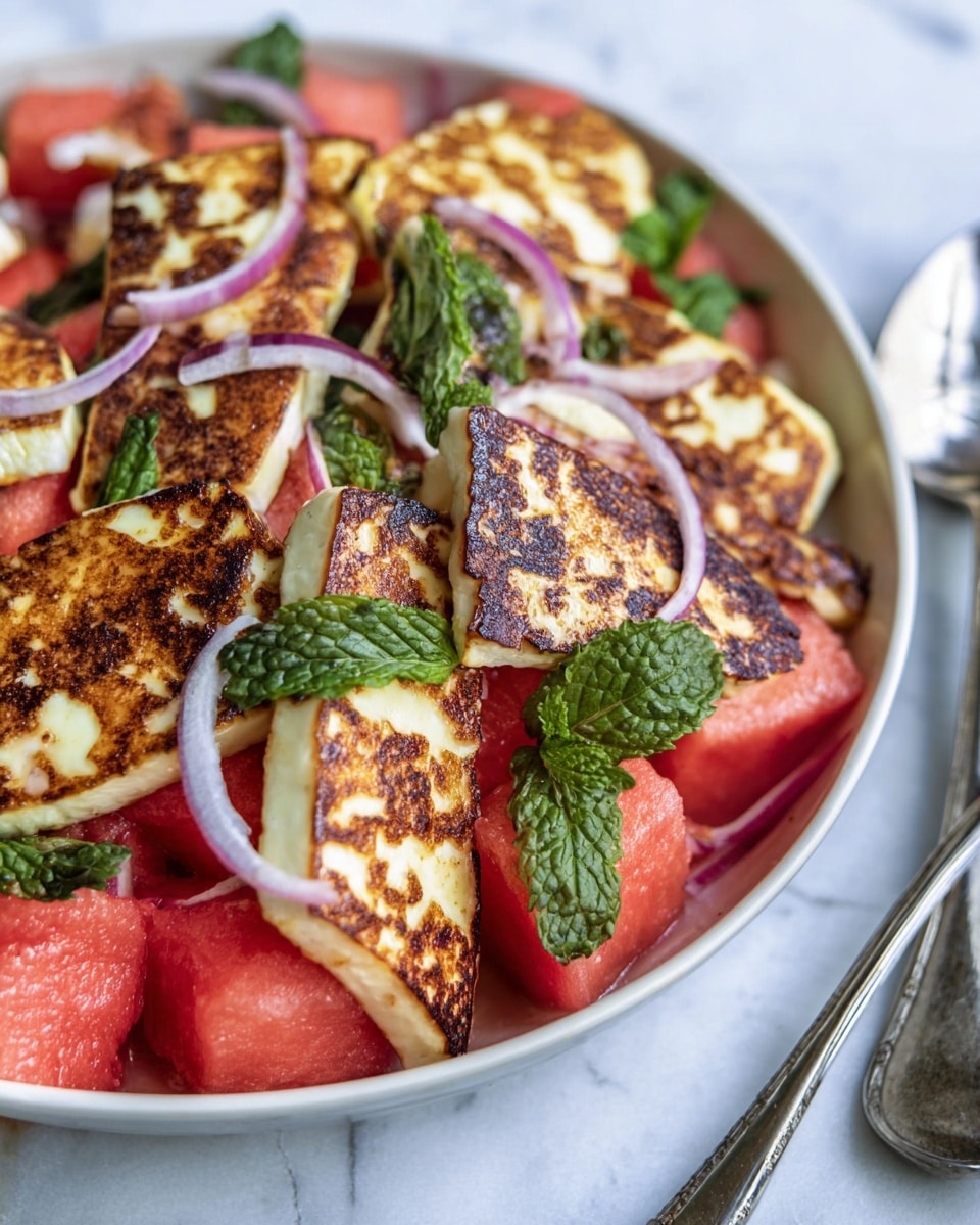 The image shows a white bowl filled with layers of food on a white marbled surface. The bottom layer is made of red watermelon chunks with a juicy texture. On top of that are golden brown triangular pieces of grilled halloumi cheese with charred marks and a slightly crispy surface. Thin slices of purple red onion are scattered throughout, adding a glossy and fresh touch. A few green mint leaves are placed on the top as garnish, adding a bright green contrast to the reds and browns. The bowl is shown close-up, with a fork and spoon placed on the white marbled surface beside it. Photo taken with an iphone --ar 4:5 --v 7