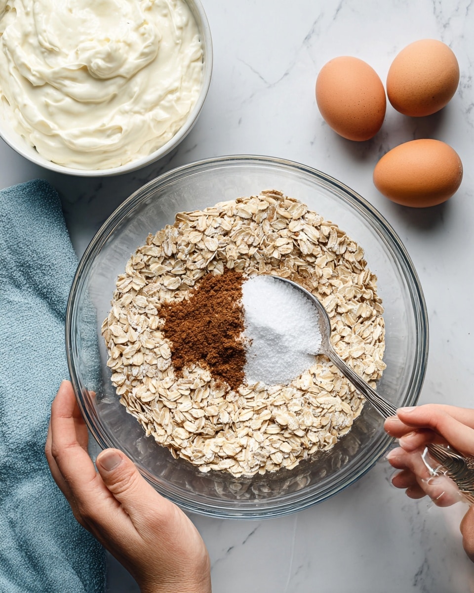 A large clear glass bowl is filled with dry oats as the bottom layer. On top of the oats, there are small piles of white salt and brown cinnamon powder placed side by side in the center of the bowl. Two woman's hands are visible holding the bowl and mixing the ingredients with a large silver spoon on the right side. Above the bowl, slightly to the left, is a white bowl filled with thick, creamy white yogurt. To the right, there are two large brown eggs resting on a white marbled surface. A light blue cloth can be seen to the left edge of the image. photo taken with an iphone --ar 4:5 --v 7