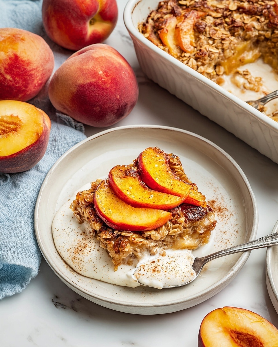A white plate holds one thick square slice of a baked oat dish with a golden brown crispy top layer and visible chunks of cooked peach inside. On top of the slice, three thinly sliced peach wedges with red skin and orange flesh lie angled, lightly sprinkled with a fine dusting of cinnamon or spice. The slice sits on a dollop of creamy white yogurt sprinkled with more cinnamon. A silver spoon is partially submerged in the yogurt at the plate's edge. Nearby, a white baking dish holds the rest of the oat bake with a browned, rustic crust. Three whole peaches with red and yellow skin rest next to the plate on a white marbled surface, where a light blue cloth is partially visible. The image is bright and detailed, photo taken with an iphone --ar 4:5 --v 7