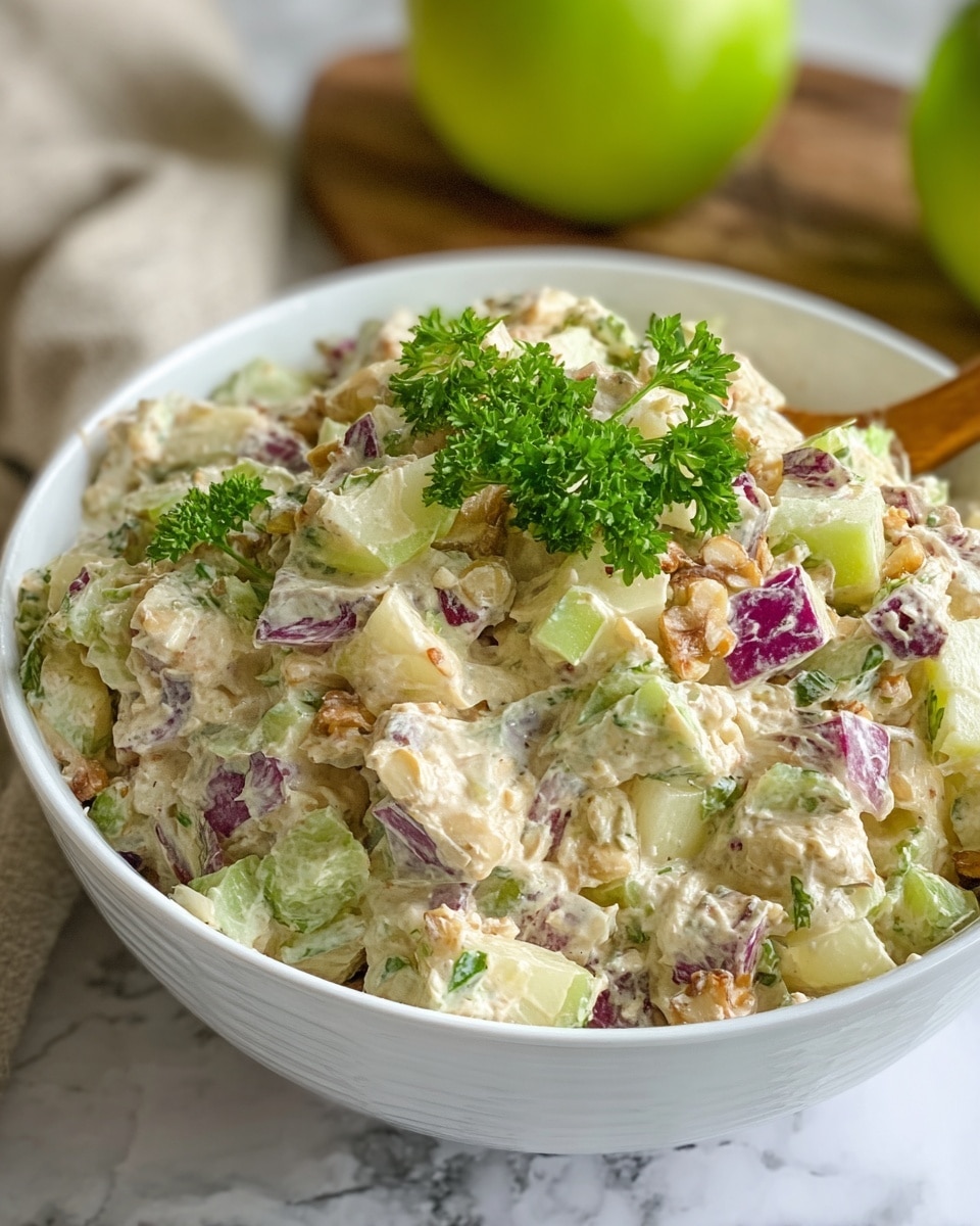 A white bowl filled with a chunky salad made of small pieces in a creamy dressing, showing layers of light beige mixed with bright green celery, pale yellow apple pieces, and deep purple-red onion bits. Sprigs of fresh green parsley are scattered on top, adding freshness. The texture looks soft with bits of crunch from nuts or seeds mixed in. The bowl sits on a white marbled surface with a blurred green apple and a rustic wooden board in the background. Photo taken with an iphone --ar 4:5 --v 7