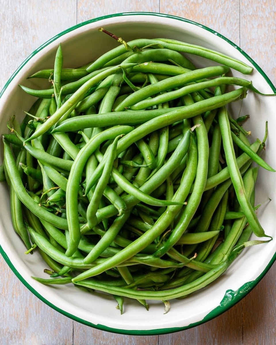 A white bowl with a green rim sits on a white marbled surface, filled with fresh green beans piled loosely inside. The green beans are bright green, long, and slightly curved, with some stems still attached. The bowl shows some chips on the rim but is mostly clean, and the wooden texture is replaced by the smooth white marbled background. photo taken with an iphone --ar 4:5 --v 7