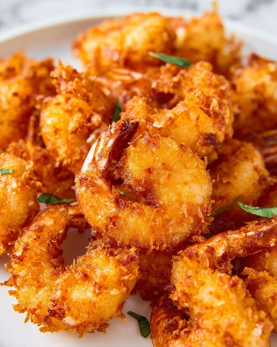 A close-up view of golden brown fried shrimp arranged closely on a white plate, with crispy textured coatings showing small crunchy bits all over. The shrimp pieces are curved and each has a rough, uneven surface with a deep orange tint on some edges. Small green herb leaves are scattered on top, adding a slight contrast to the warm tones. The background is a white marbled texture. photo taken with an iphone --ar 4:5 --v 7