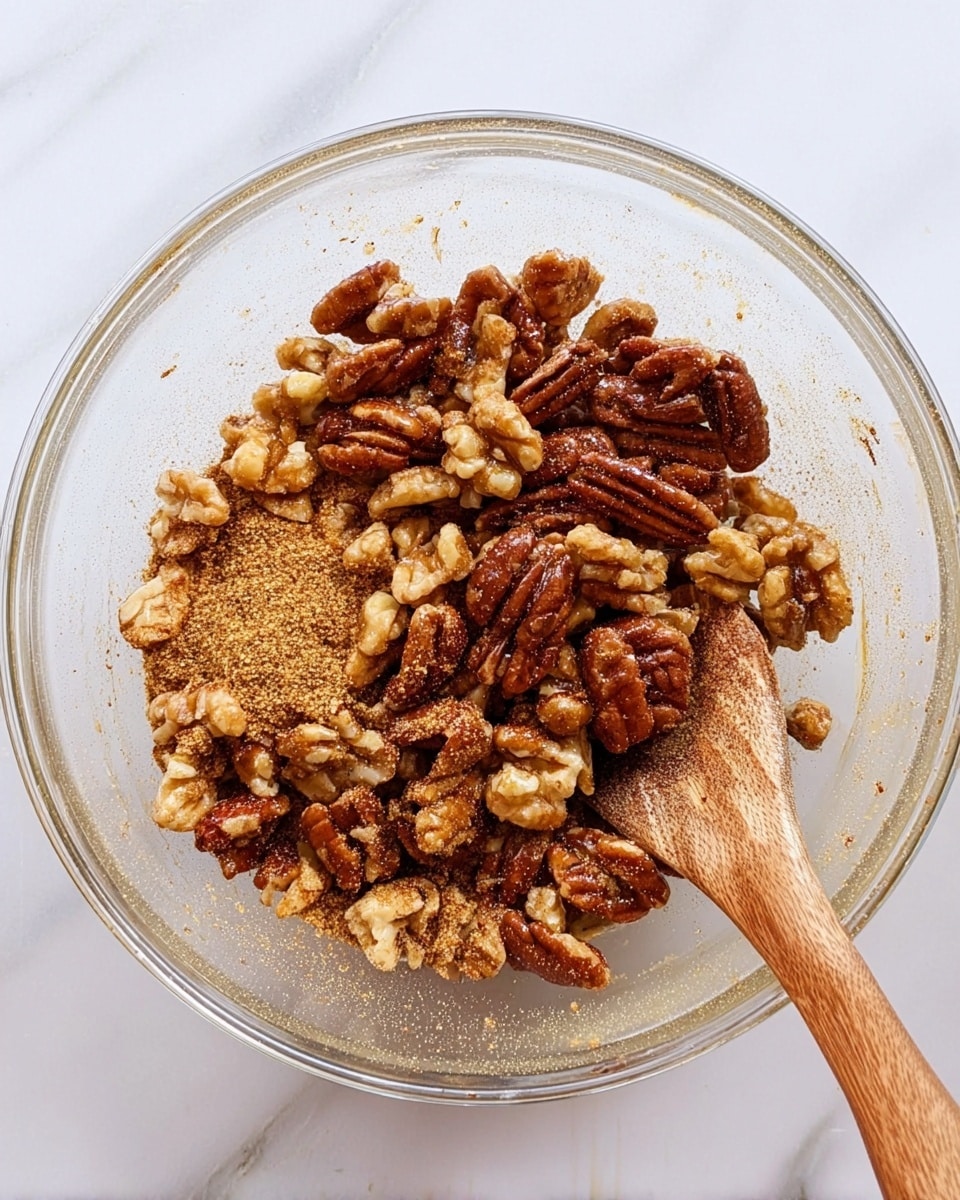 A clear glass bowl filled with a mix of nuts including pecans, walnuts, and almonds, all covered in a light brown spice mix. The nuts are piled in the center of the bowl, showing their textured surfaces and natural brown tones. A wooden spoon with a worn handle rests inside the bowl on the right side, touching the nuts. The bowl sits on a white marbled surface with small grey veins. photo taken with an iphone --ar 4:5 --v 7