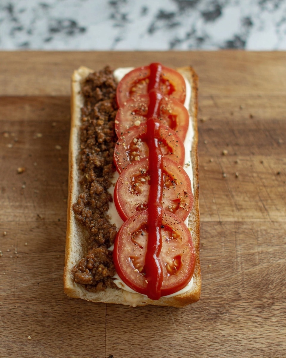 An open sandwich on a white toasted bun lies flat on a wooden surface with a white marbled texture in the background. The bottom half of the bun has a thick layer of cooked ground meat that looks brown and crumbly. On top of the meat, there are four tomato slices arranged in a neat row, each showing a light red color with some black pepper sprinkled. The upper half of the bun is spread with a creamy white mayonnaise layer, topped with a straight line of bright red ketchup running the length of the bread. Photo taken with an iphone --ar 4:5 --v 7