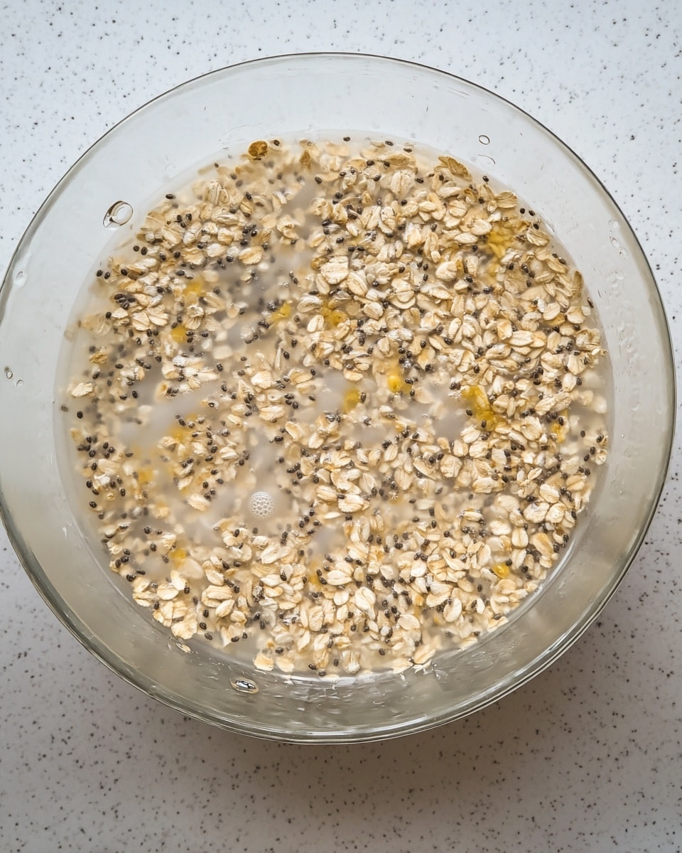 A close-up view of a clear glass bowl filled with a mixture of light tan rolled oats and tiny black chia seeds soaked in a translucent light grayish liquid. The oats and chia seeds float evenly on the surface, with some small yellowish pieces visible beneath the mix. The bowl is placed on a white marbled surface, showing droplets of liquid clinging to the inside edge of the bowl. photo taken with an iphone --ar 4:5 --v 7
