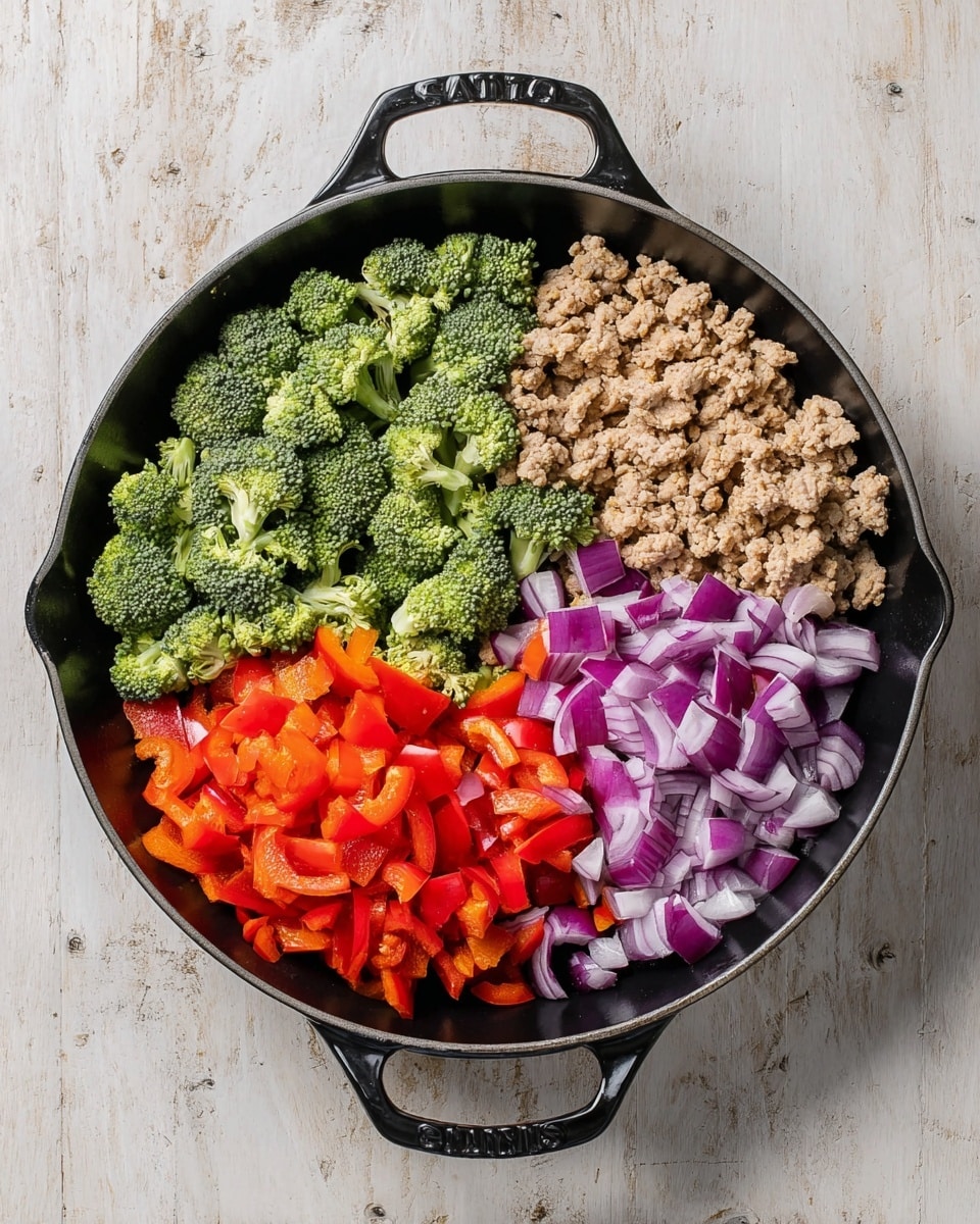 A black round pan with two handles is filled with four sections of ingredients laid side by side. The top left section has bright green broccoli florets showing a rough, bumpy texture. The top right section contains light beige ground meat with a crumbly texture. The bottom right section has diced red onions, with white and purple layers visible. The bottom left section consists of chopped red bell peppers with a smooth, shiny surface. The pan is placed on a white marbled texture surface. photo taken with an iphone --ar 4:5 --v 7