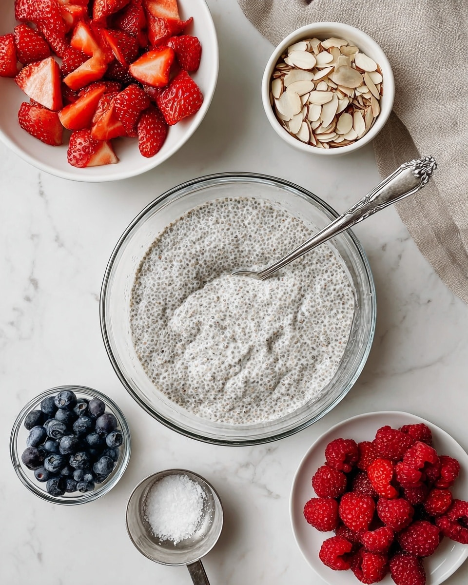 The image shows a clear glass bowl filled with thick, creamy chia pudding that is white with tiny black chia seeds all mixed in, with a shiny silver spoon resting inside it. To the upper left, there is a white bowl full of sliced bright red strawberries with visible seeds and juicy texture. To the right of the strawberries, a small white bowl holds light beige sliced almonds with brown edges. Below the chia pudding bowl, there are two small glass bowls, one filled with dark blue, plump blueberries and the other with white sea salt and a small silver scoop. To the bottom right, a white plate holds vibrant red raspberries with visible seeds. The whole setup is placed on a white marbled surface with a folded beige cloth nearby. Photo taken with an iphone --ar 4:5 --v 7