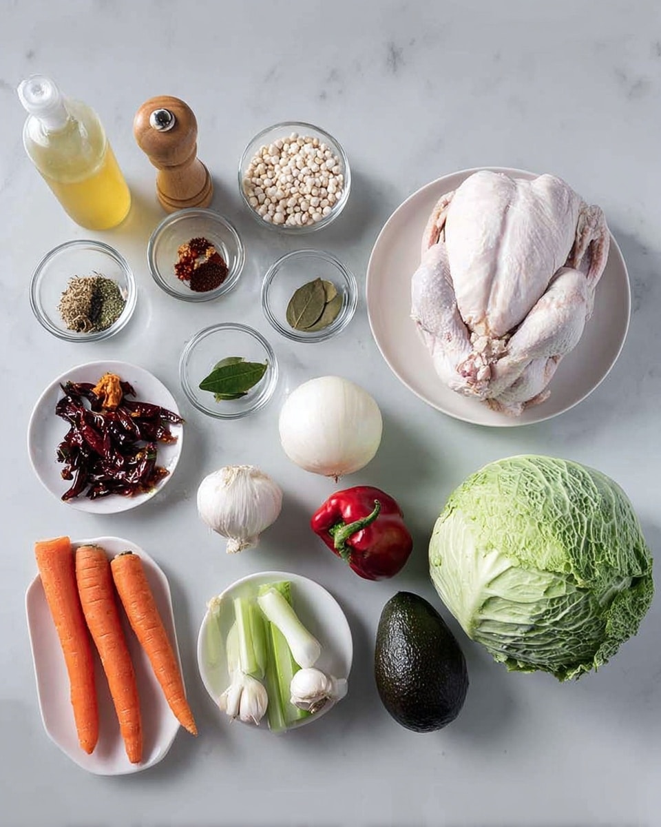 The image shows raw ingredients arranged in a neat way on a white marbled surface. On the right side, there is a whole raw chicken placed on a white plate. Next to it, a large green cabbage and a dark avocado sit on the surface. Above the chicken, a bowl of white hominy and small red and green peppers are placed. Moving left, three clear glass bowls contain dried spices and a green leaf among them. On the left side, two white plates hold fresh vegetables: two orange carrots, three celery stalks, a white onion, two garlic cloves, red and brown dried peppers, and some fresh green herbs. At the top left, there are wooden salt and pepper shakers and a white bottle with yellow liquid inside. Photo taken with an iphone --ar 4:5 --v 7