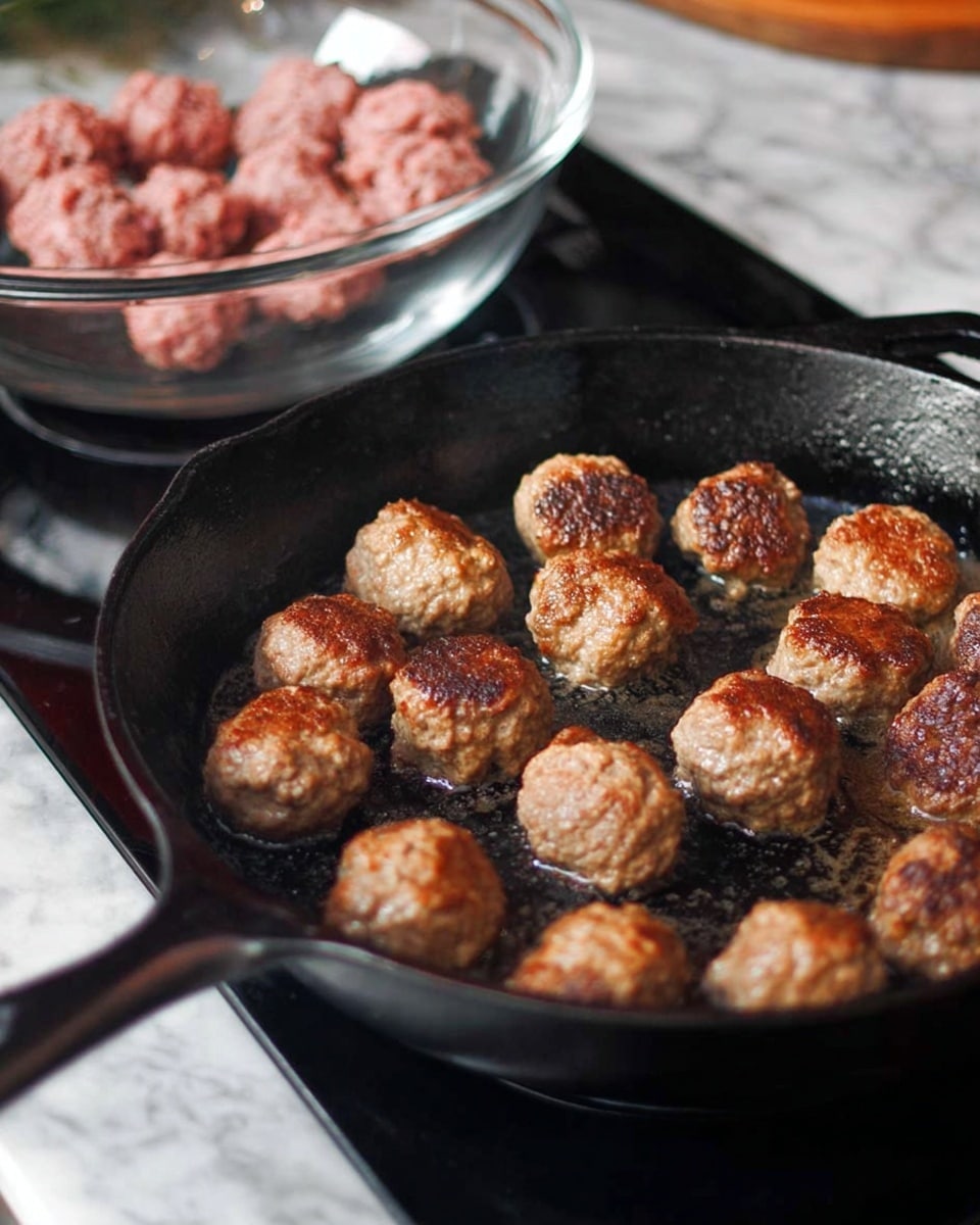 A black cast iron pan sits on a stove with about fifteen meatballs cooking inside. The meatballs are golden brown on the outside with some areas lighter, showing they are in the process of frying. Behind the pan, there is a transparent glass bowl filled with raw meatballs. The background is a white marbled texture. photo taken with an iphone --ar 4:5 --v 7