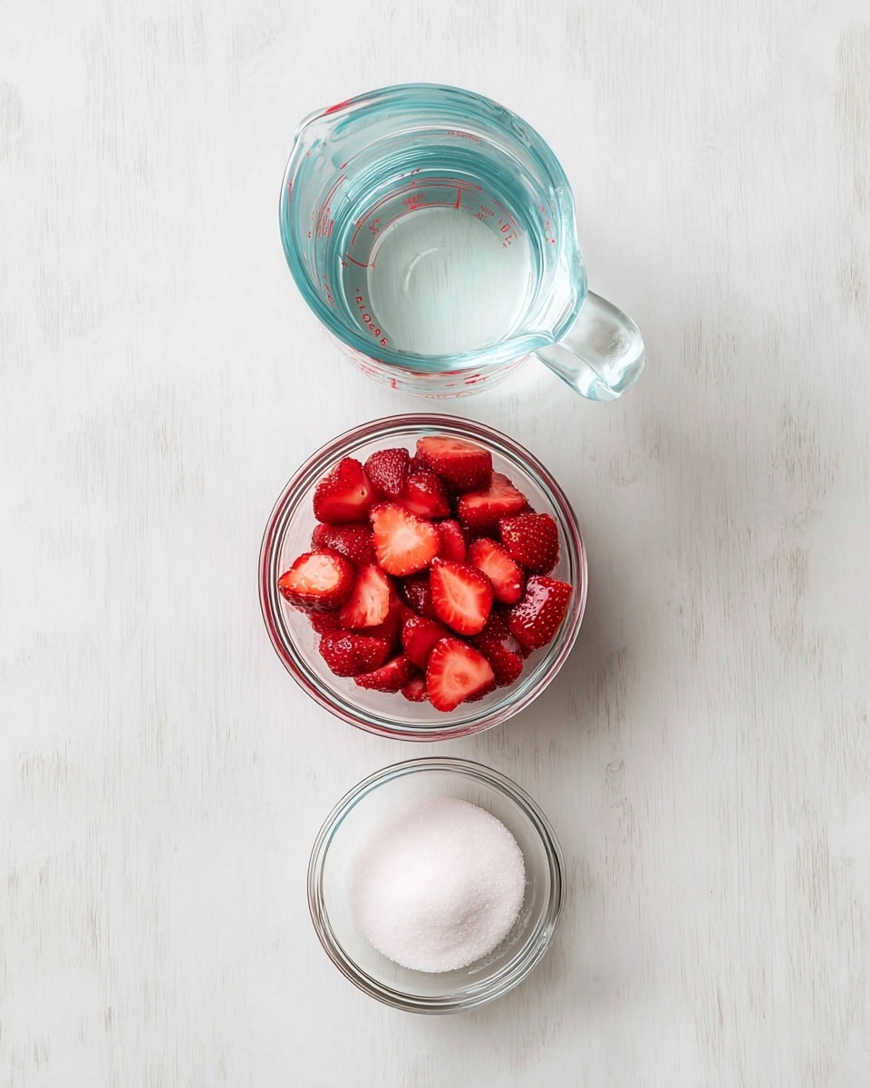The image shows three clear glass containers lined vertically on a white marbled surface. The top container is a small glass measuring cup filled with clear water, showing the light blue tint of the glass. Below it is a round glass bowl filled with red, sliced strawberries, showcasing their juicy texture and bright natural color. The bottom container is a smaller round glass bowl filled with fine white sugar, contrasting with the red strawberries above. photo taken with an iphone --ar 4:5 --v 7